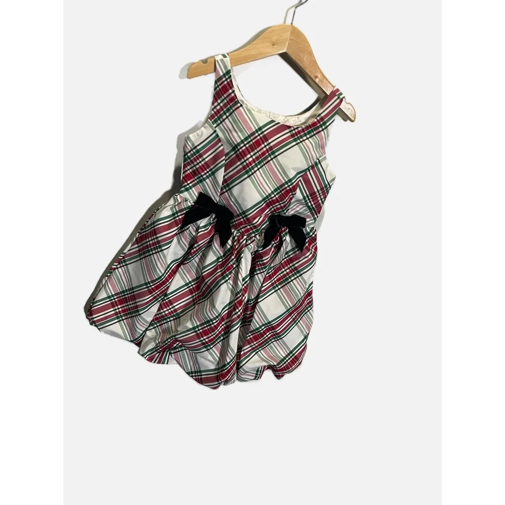 Cat & Jack Plaid Dress Girls XS 4/5 Red Green White Velvet Bow Holiday Christmas